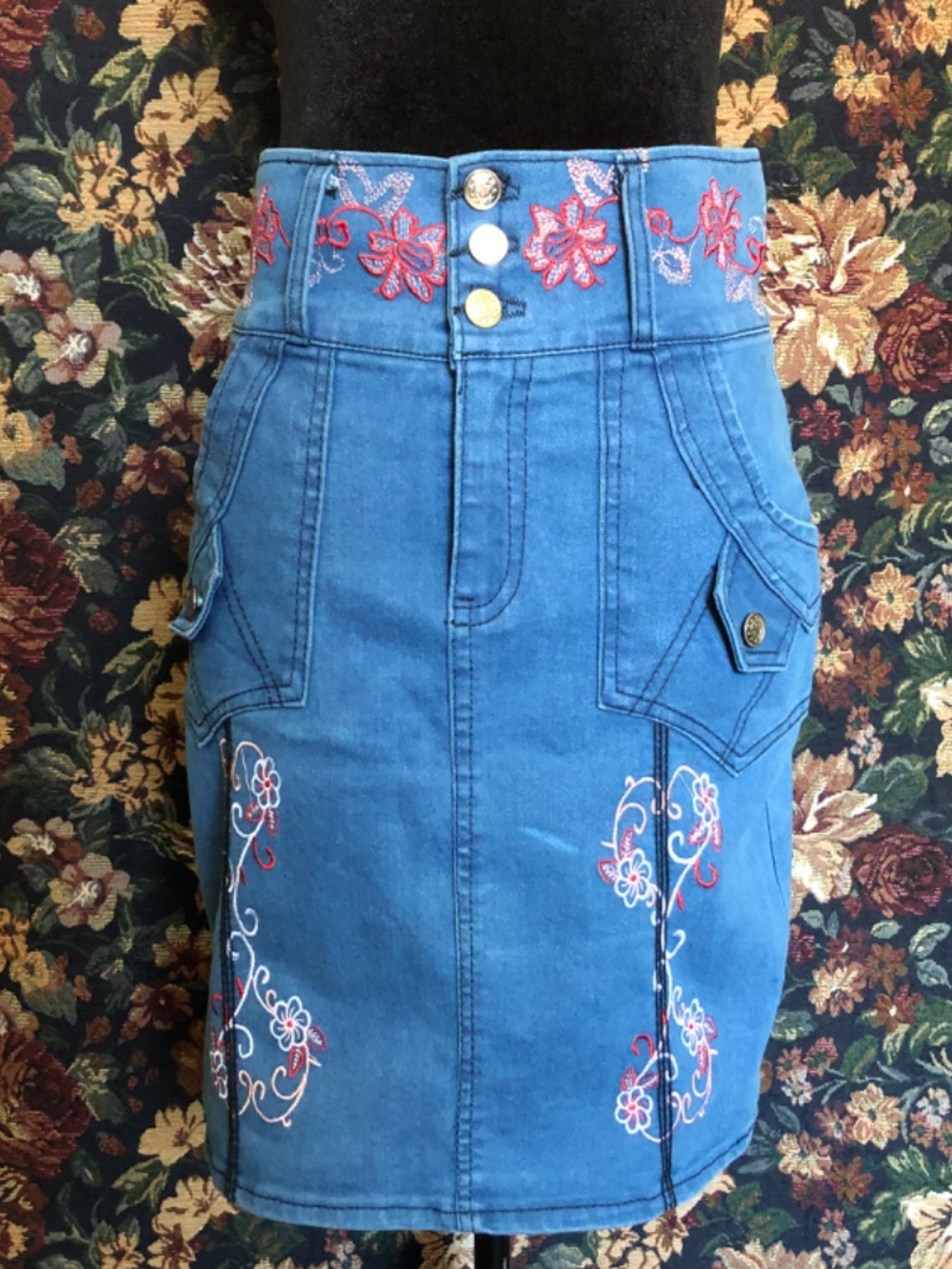 Vintage Y2K Embroidered Corset High Waist Denim Skirt 28 - Picture 3 of 8